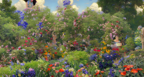 sd-A painting of a beautiful garden with flowers of all colors and a Hyper-terrestrial entity watching over it by Donato Giancola-0