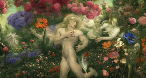 sd-A painting of a beautiful garden with flowers of all colors and a Hyper-terrestrial entity watching over it by Donato Giancola and Henry Fuseli-0