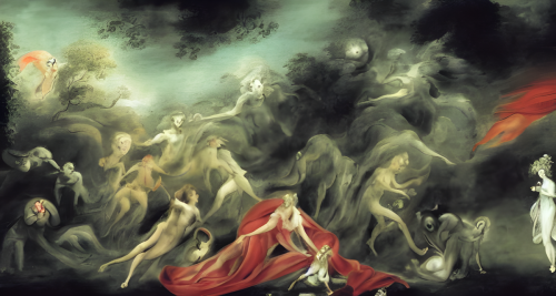 sd-A painting of a beautiful garden with flowers of all colors and a Hyper-terrestrial entity watching over it by Henry Fuseli-0