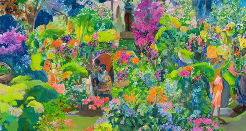 sd-A painting of a beautiful garden with flowers of all colors and a Hyper-terrestrial entity watching over it style of in the Central African Republic-0
