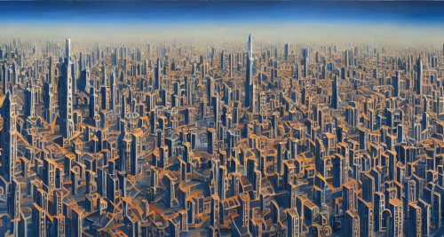 sd-A painting of a city in which all the buildings are made of metal by Bridget Bate Tichenor and Jeff Easley-0