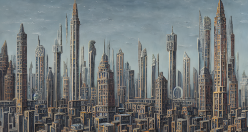 sd-A painting of a city in which all the buildings are made of metal by Bridget Bate Tichenor and Jeff Easley-BU-0
