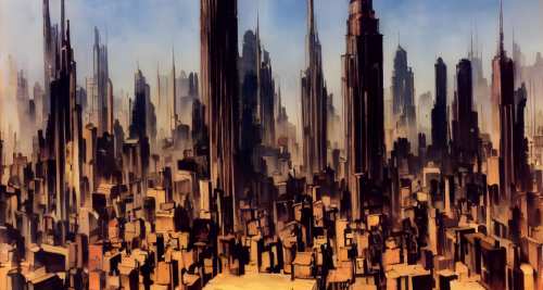 sd-A painting of a cityscape with buildings that are impossibly tall and thin reaching up into the sky by Frank Frazetta-0