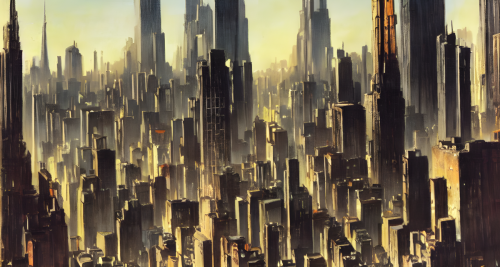 sd-A painting of a cityscape with buildings that are impossibly tall and thin reaching up into the sky by Frank Frazetta and Pamela Coleman Smith-0