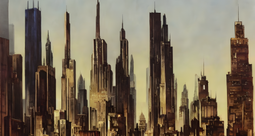 sd-A painting of a cityscape with buildings that are impossibly tall and thin reaching up into the sky by Frank Frazetta and Pamela Coleman Smith-cQ-0
