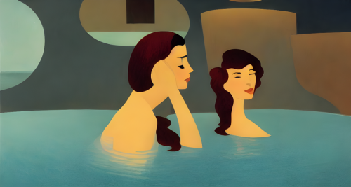 sd-A woman floats in a pool of water her hair spread out around her like a halo. She is looking for something but she does not know what by Marius Borgeaud and Jack Kirby-jK-0