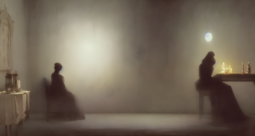 sd-A woman sits in a darkened room her hands clasped around a crystal ball. She is looking for something but she does not know what by Ivan Aivazovsky and Santiago Caruso-0