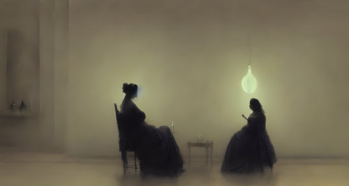 sd-A woman sits in a darkened room her hands clasped around a crystal ball. She is looking for something but she does not know what by Ivan Aivazovsky and Santiago Caruso-gT-0