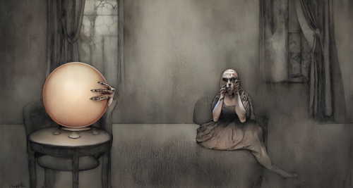 sd-A woman sits in a darkened room her hands clasped around a crystal ball. She is looking for something but she does not know what by Santiago Caruso-0