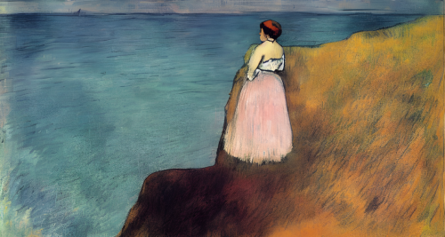 sd-A woman stands on a cliff looking out over the sea. She is looking for something but she does not know what by Edgar Degas and Henri de Toulouse-Lautrec-0