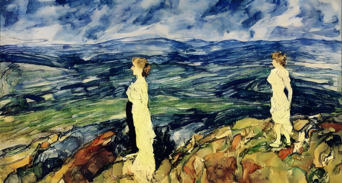 sd-A woman stands on a mountaintop looking out over the world. She is looking for something but she does not know what by Jack Butler Yeats and Norman Rockwell-0
