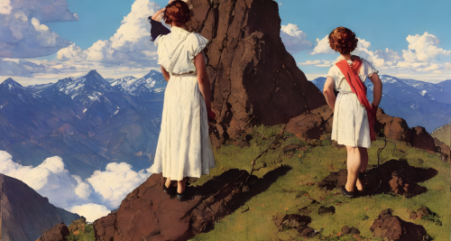 sd-A woman stands on a mountaintop looking out over the world. She is looking for something but she does not know what by Norman Rockwell-0