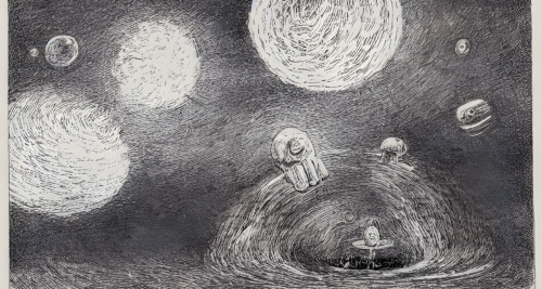 sd-An extremely wordy description of a hyper-terrestrial entity might include a detailed account of its physical appearance its origins and its purpose by Randolph Caldecott and Philip Guston-0