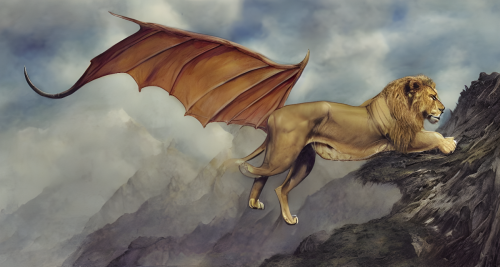 sd-Hyper-terrestrial animals in a painting such as a lion with wings or a dragon in a natural landscape by Alan Lee-0