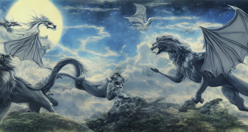 sd-Hyper-terrestrial animals in a painting such as a lion with wings or a dragon in a natural landscape by Alan Lee and Ayami Kojima-kJ-0