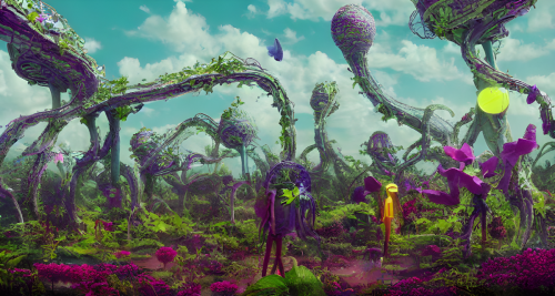 sd-Hyper-terrestrial beings in a garden of an alien world with large petals and strange fruits vines and trees by Beeple-0
