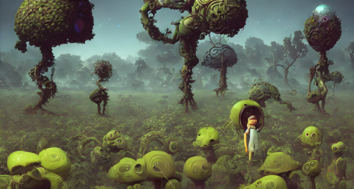 sd-Hyper-terrestrial beings in a garden of an alien world with large petals and strange fruits vines and trees by Craig Davison and Beeple-0