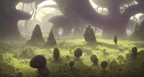 sd-Hyper-terrestrial beings in a garden of an alien world with large petals and strange fruits vines and trees by Craig Davison and Beeple-xR-0