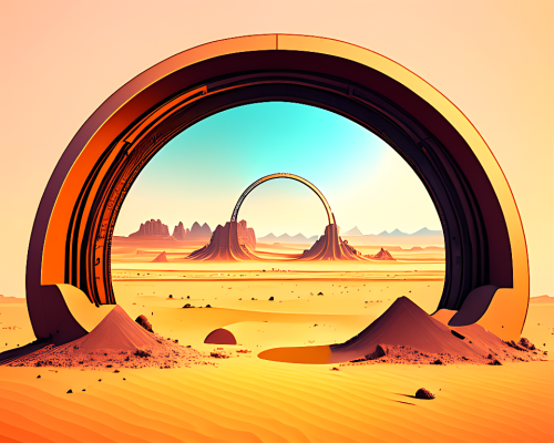 kandinsky-Intergalactic stargate portal in the middle of a barren wasteland with nothing but sand and rocks as far as the eye can see digital fantasy art-1