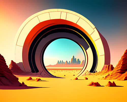 kandinsky-Intergalactic stargate portal in the middle of a barren wasteland with nothing but sand and rocks as far as the eye can see digital fantasy art-2