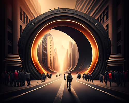 kandinsky-Intergalactic stargate portal in the middle of a bustling city with cars and people going about their business oblivious to the strange thing in their midst-1