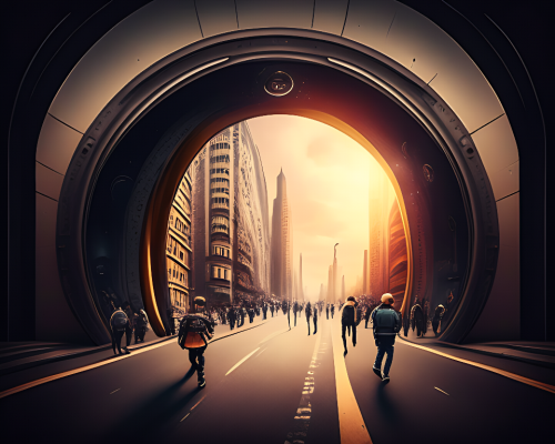 kandinsky-Intergalactic stargate portal in the middle of a bustling city with cars and people going about their business oblivious to the strange thing in their midst-2
