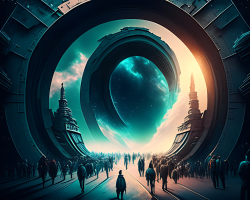 kandinsky-Intergalactic stargate portal in the middle of a bustling city with cars and people going about their business oblivious to the strange thing in their midst-3