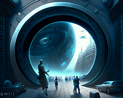 kandinsky-Intergalactic stargate portal in the middle of a bustling city with cars and people going about their business oblivious to the strange thing in their midst by John Howe-1