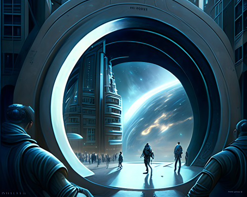 kandinsky-Intergalactic stargate portal in the middle of a bustling city with cars and people going about their business oblivious to the strange thing in their midst by John Howe-2