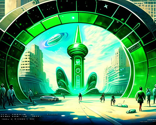 kandinsky-Intergalactic stargate portal in the middle of a bustling city with cars and people going about their business oblivious to the strange thing in their midst by John Howe and Dorothea Tanning style of emeralds-1