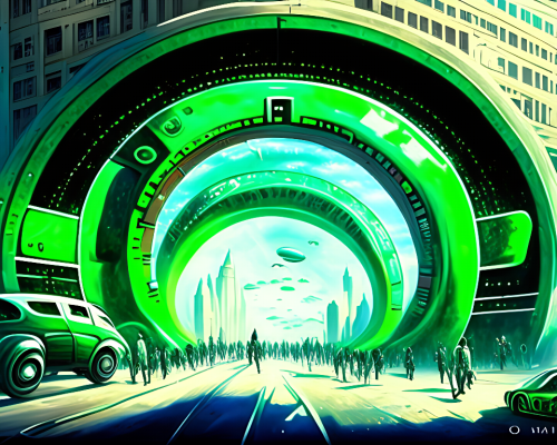 kandinsky-Intergalactic stargate portal in the middle of a bustling city with cars and people going about their business oblivious to the strange thing in their midst by John Howe and Dorothea Tanning style of emeralds-2