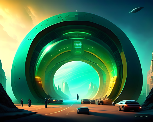kandinsky-Intergalactic stargate portal in the middle of a bustling city with cars and people going about their business oblivious to the strange thing in their midst by John Howe style of emeralds-1