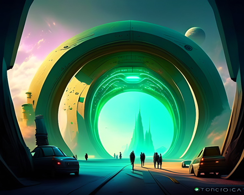 kandinsky-Intergalactic stargate portal in the middle of a bustling city with cars and people going about their business oblivious to the strange thing in their midst by John Howe style of emeralds-2