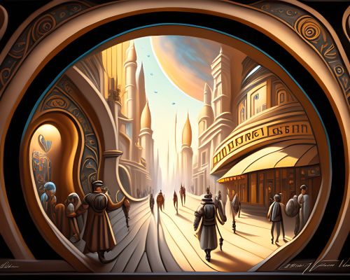 kandinsky-Intergalactic stargate portal in the middle of a bustling city with cars and people going about their business oblivious to the strange thing in their midst by Thomas Kinkaid-2