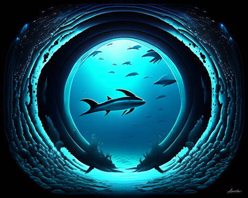 kandinsky-Intergalactic stargate portal in the middle of a deep ocean with strange sea creatures swimming around it and a school of fish in the foreground-1