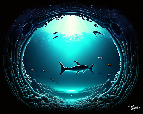 kandinsky-Intergalactic stargate portal in the middle of a deep ocean with strange sea creatures swimming around it and a school of fish in the foreground-2