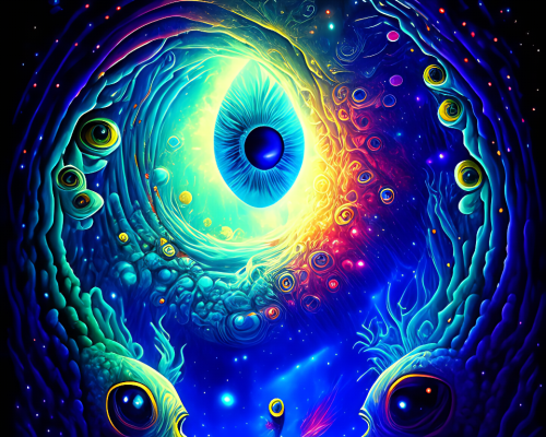 kandinsky-Intergalactic stargate portal in the middle of a deep ocean with strange sea creatures swimming around it and a school of fish in the foreground by Sonia Delaunay and Zdzislaw Beksinski style of cosmic horror-1