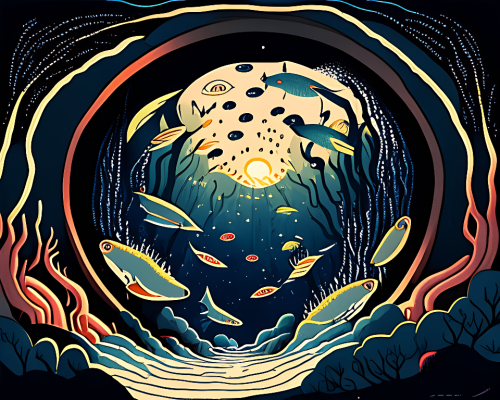 kandinsky-Intergalactic stargate portal in the middle of a deep ocean with strange sea creatures swimming around it and a school of fish in the foreground by Sonia Delaunay style of cosmic horror-1