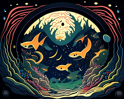 kandinsky-Intergalactic stargate portal in the middle of a deep ocean with strange sea creatures swimming around it and a school of fish in the foreground by Sonia Delaunay style of cosmic horror-2