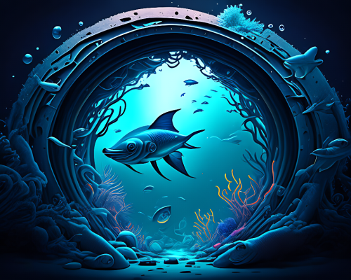 kandinsky-Intergalactic stargate portal in the middle of a deep ocean with strange sea creatures swimming around it and a school of fish in the foreground style of cosmic horror-2