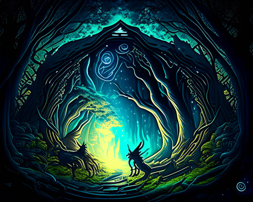 kandinsky-Intergalactic stargate portal in the middle of a dense forest with light shining through the trees and strange creatures lurking in the shadows-2