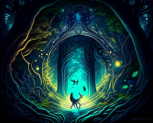 kandinsky-Intergalactic stargate portal in the middle of a dense forest with light shining through the trees and strange creatures lurking in the shadows-3